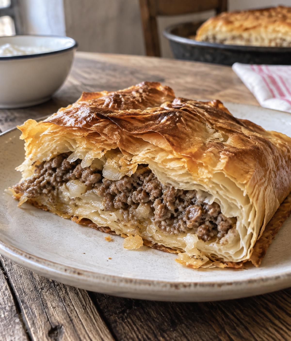 Krupni plan hrskave domaće pite na tanjiru