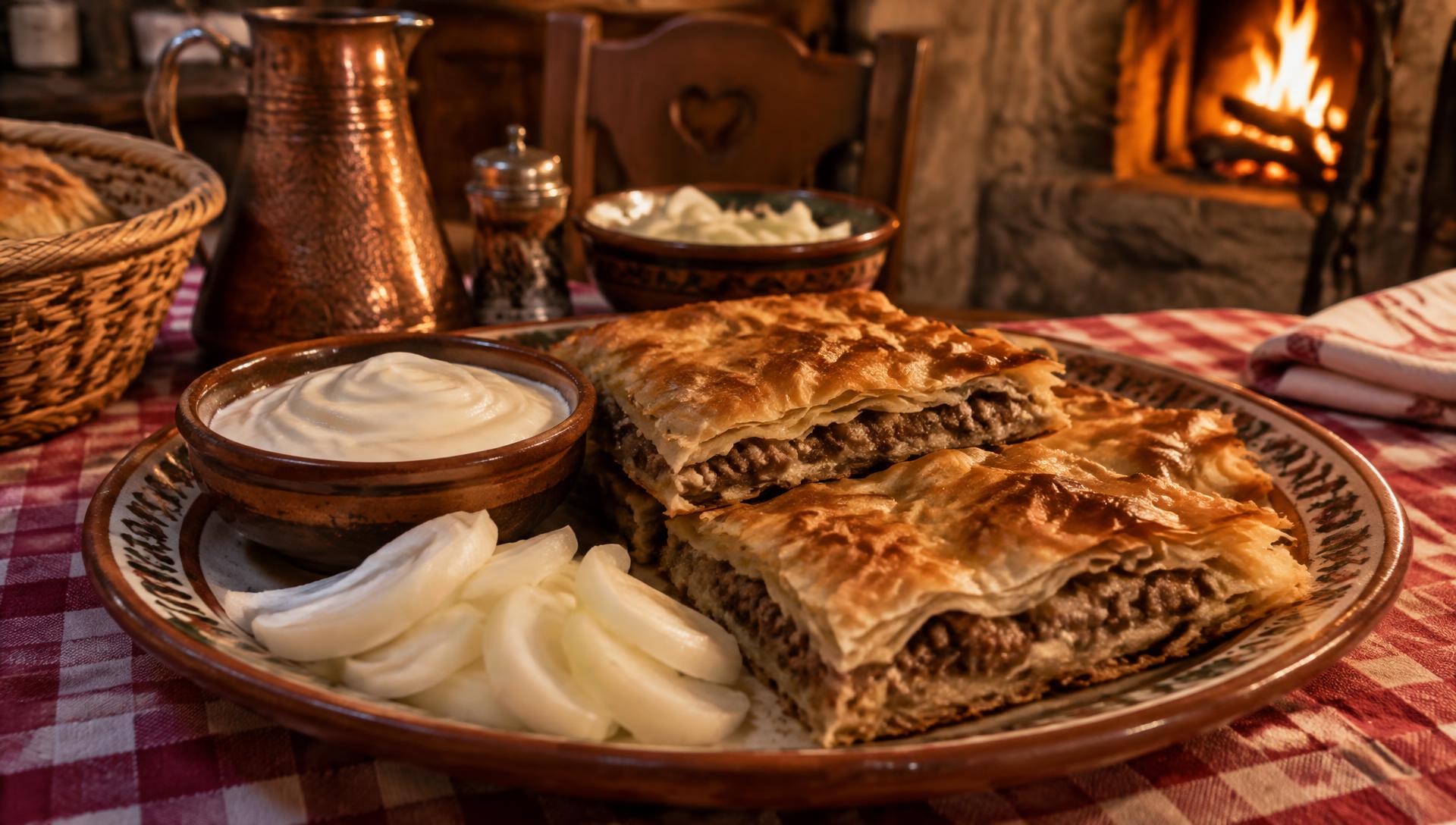 Posluženo jelo od pite sa jogurtom i lukom